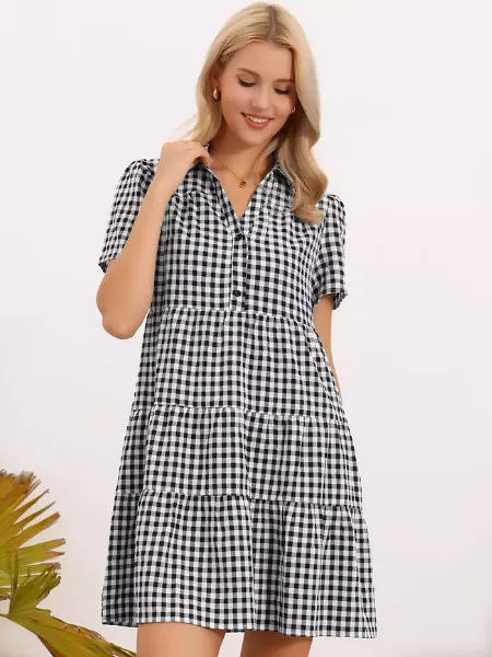 Gingham Dress Women Vintage Plaid V Neck Short Sleeve 